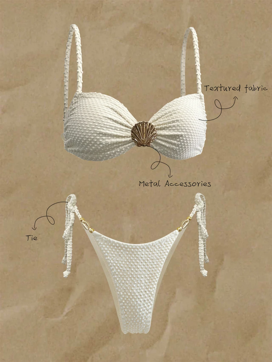 SHEIN Swim 女士海滩夏季服装 - 纹理纯色细肩带性感比基尼套装,配有贝壳和金属装饰 - 米色 - 查看 1