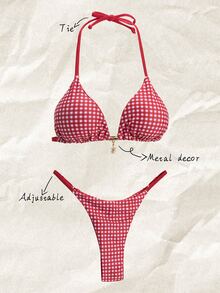 SHEIN Swim Springbreak 女款格紋印花金屬裝飾細肩帶性感比基尼泳衣套裝，夏季穿搭 - 彩色 - 查看 1
