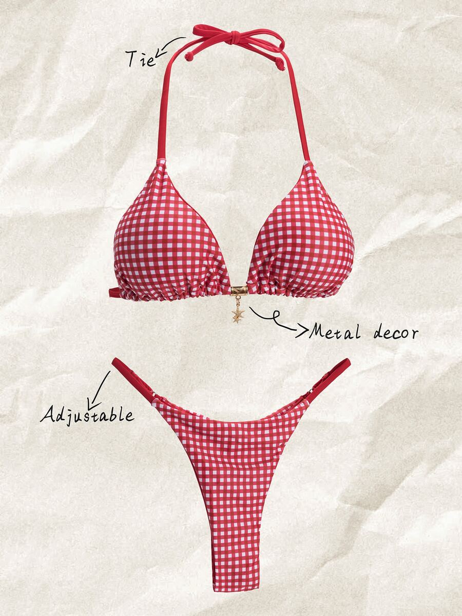 SHEIN Swim Springbreak 女款格紋印花金屬裝飾細肩帶性感比基尼泳衣套裝,夏季穿搭 - 彩色 - 查看 1
