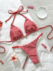 SHEIN Swim Springbreak 女款格紋印花金屬裝飾細肩帶性感比基尼泳衣套裝，夏季穿搭 - 彩色 - 查看 5