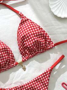SHEIN Swim Springbreak 女款格紋印花金屬裝飾細肩帶性感比基尼泳衣套裝，夏季穿搭 - 彩色 - 查看 6