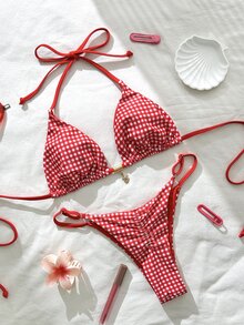 SHEIN Swim Springbreak 女款格紋印花金屬裝飾細肩帶性感比基尼泳衣套裝，夏季穿搭 - 彩色 - 查看 4