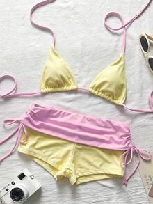 SHEIN Swim 拼色比基尼套裝，包含掛脖三角杯上衣與高腰包臀短褲，修身遮肉，適合夏季海邊旅行、海濱度假與溫泉游泳 - 淡紫色 - 查看 3