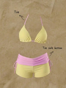 SHEIN Swim 拼色比基尼套裝，包含掛脖三角杯上衣與高腰包臀短褲，修身遮肉，適合夏季海邊旅行、海濱度假與溫泉游泳 - 淡紫色 - 查看 4