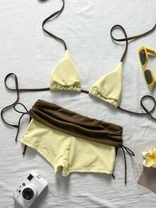 SHEIN Swim Bikini Set With Halter Triangle Cup And High-Waisted Shorts To Hide Fat Summer Hot Spring Vacation Swimwear Butter Yellow Casual Tropical - Multicolor - View 2