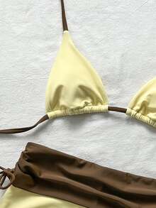 SHEIN Swim Bikini Set With Halter Triangle Cup And High-Waisted Shorts To Hide Fat Summer Hot Spring Vacation Swimwear Butter Yellow Casual Tropical - Multicolor - View 5