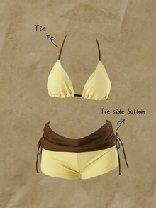 SHEIN Swim Bikini Set With Halter Triangle Cup And High-Waisted Shorts To Hide Fat Summer Hot Spring Vacation Swimwear Butter Yellow Casual Tropical - Multicolor - View 1