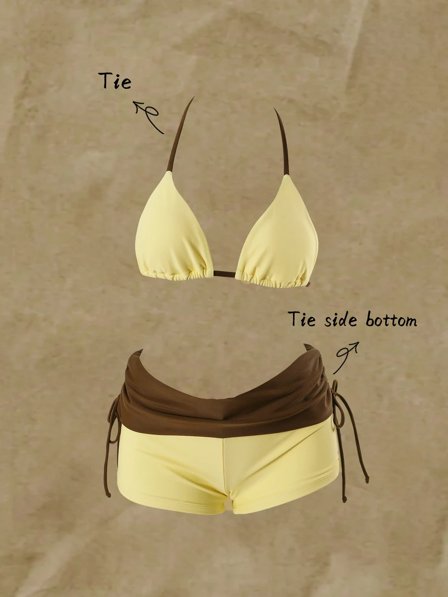 SHEIN Swim Bikini Set With Halter Triangle Cup And High-Waisted Shorts To Hide Fat Summer Hot Spring Vacation Swimwear Butter Yellow Casual Tropical - Multicolor - View 1