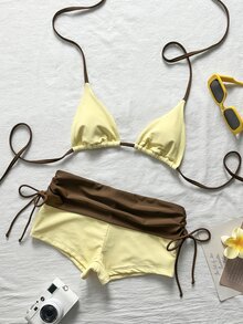 SHEIN Swim Bikini Set With Halter Triangle Cup And High-Waisted Shorts To Hide Fat Summer Hot Spring Vacation Swimwear Butter Yellow Casual Tropical - Multicolor - View 4