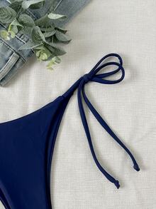 SHEIN Swim 純色抽繩泳褲下身，適合夏季度假與海灘 - 藍色 - 查看 5