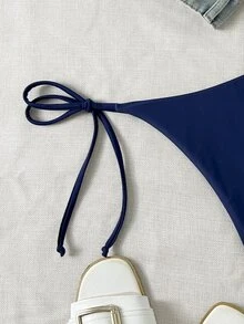 SHEIN Swim 純色抽繩泳褲下身，適合夏季度假與海灘 - 藍色 - 查看 4