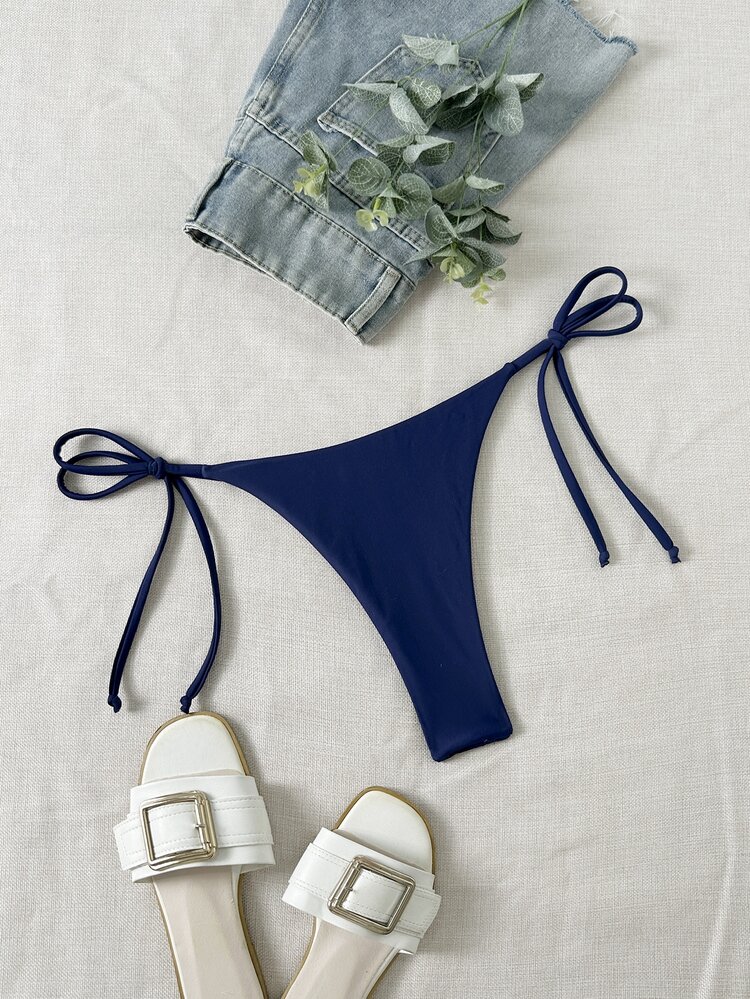 SHEIN Swim Solid Color Drawstring Swimwear Bottom, Suitable For Vacation & Beach For Summer - Blue - View 3
