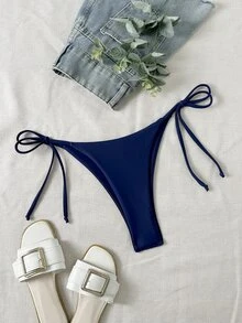 SHEIN Swim 純色抽繩泳褲下身，適合夏季度假與海灘 - 藍色 - 查看 2