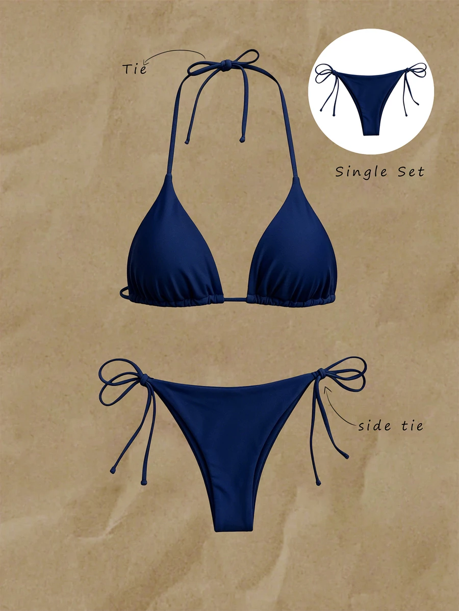 SHEIN Swim 純色抽繩泳褲下身,適合夏季度假與海灘 - 藍色 - 查看 1