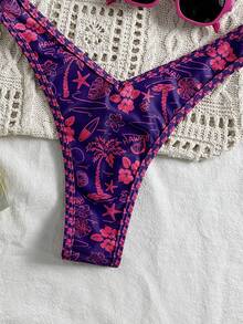 SHEIN Swim Springbreak 印花细肩带高腰短裤性感比基尼泳装套装女士夏季 - 彩色 - 查看 6