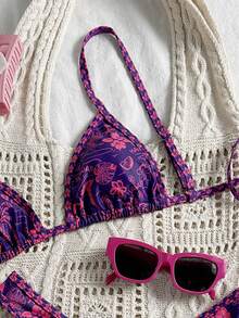 SHEIN Swim Springbreak 印花细肩带高腰短裤性感比基尼泳装套装女士夏季 - 彩色 - 查看 5