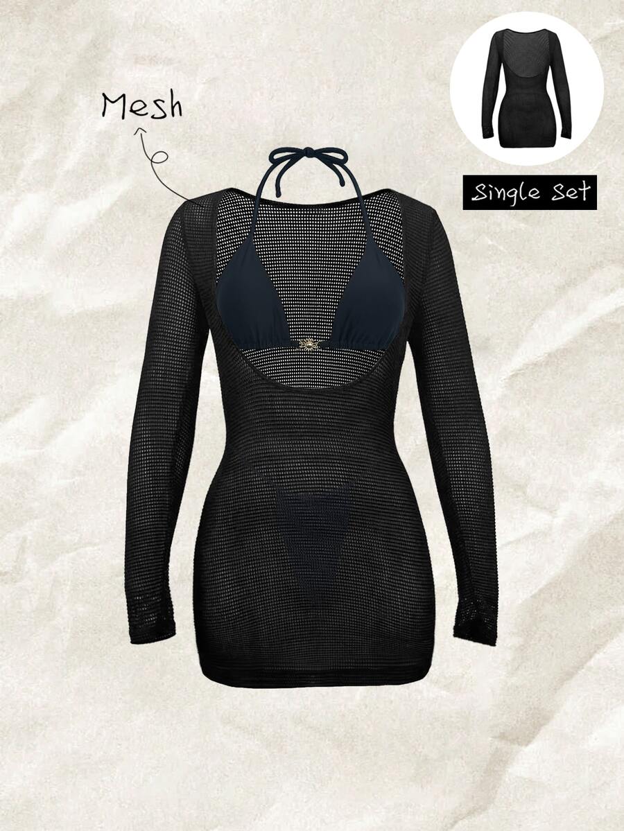 SHEIN Swim 女款純色修身迷你針織罩衫洋裝,黑色優雅夜店風穿搭 - 黑色 - 查看 1