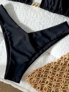 SHEIN Swim Women's Solid Color Halter Neck Beaded Bikini Set, Spring/Summer - Black - View 6