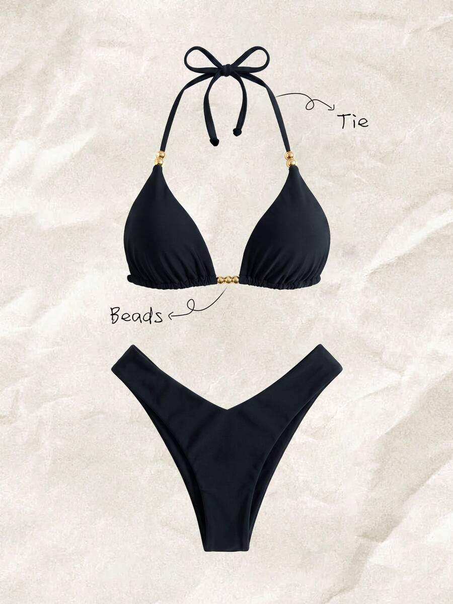 SHEIN Swim Women's Solid Color Halter Neck Beaded Bikini Set, Spring/Summer - Black - View 1