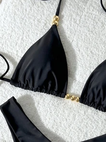 SHEIN Swim Women's Solid Color Halter Neck Beaded Bikini Set, Spring/Summer - Black - View 5