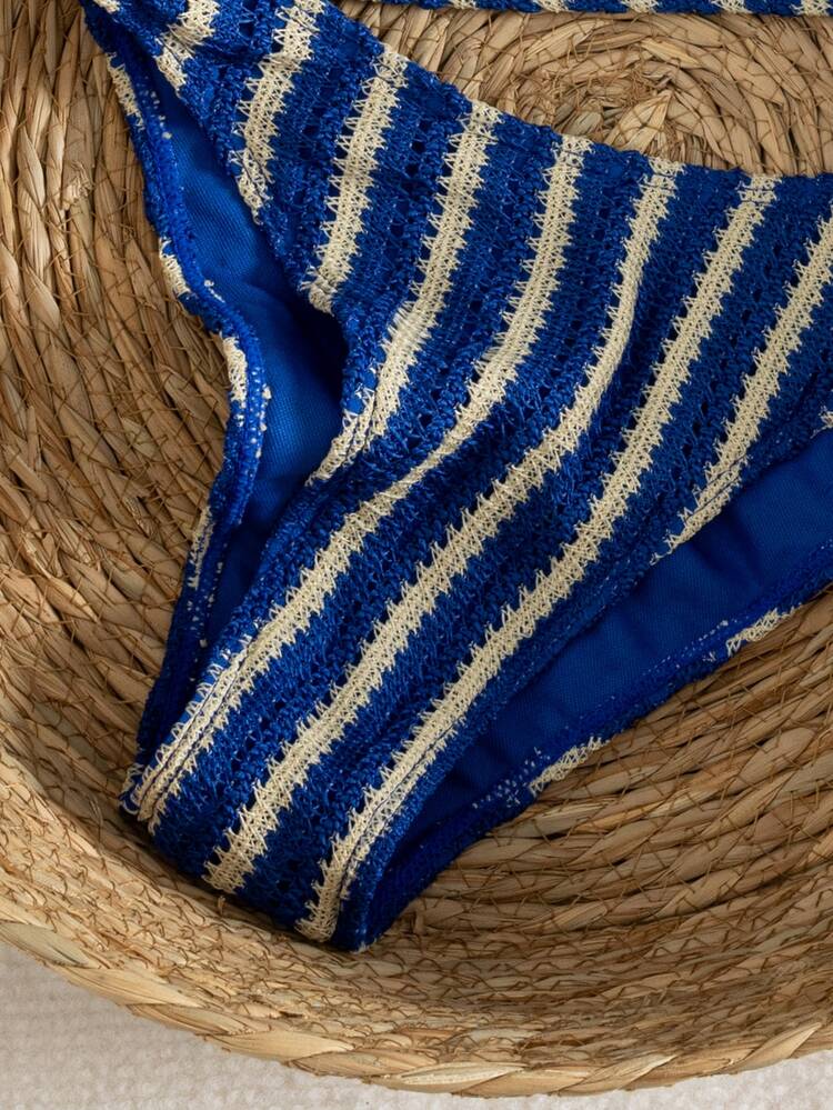 Elavelle New Arrival Spring/Summer Klein Blue Vertical Striped Sexy Halter Bikini Set, Casual Beach Holiday Two Pieces Swimwear - Multicolor - View 6