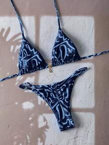 SHEIN Swim Springbreak 女士沙滩装夏季女装，纯色细肩带性感比基尼套装 - 彩色 - 查看 3