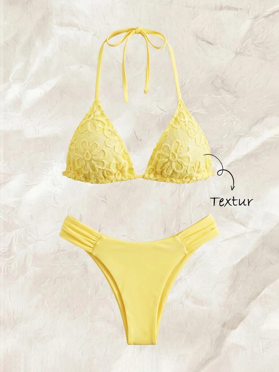 Elavelle Summer Beach Women 2 Pieces Special Textured Fabric Triangle Tie Top & Ruched Bikini Bottoms Swimwear Set - Yellow - View 1