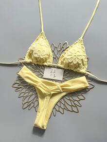 Elavelle Summer Beach Women 2 Pieces Special Textured Fabric Triangle Tie Top & Ruched Bikini Bottoms Swimwear Set - Yellow - View 2