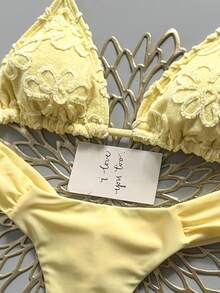 Elavelle Summer Beach Women 2 Pieces Special Textured Fabric Triangle Tie Top & Ruched Bikini Bottoms Swimwear Set - Yellow - View 6