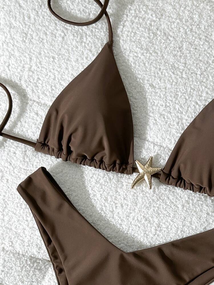 Elavelle Conjunto de bikini sexy de tirantes finos con decoración metálica en unicolor, ideal para el verano - Marrón - Añade 5