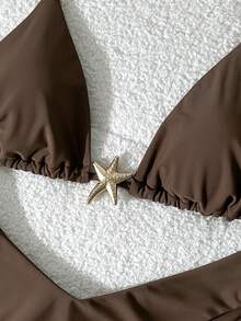 Elavelle Set Bikini Seksi Wanita Warna Polos dengan Hiasan Logam dan Tali Bahu Tipis, Musim Panas - Coklat - View 6