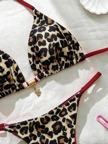 SHEIN Swim 春假女士纯色吊带性感比基尼泳装套装 动物纹泳装 豹纹泳装 比基尼套装 女士豹纹比基尼 动物纹 - 彩色 - 查看 7