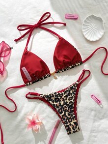 SHEIN Swim 春假女士纯色吊带性感比基尼泳装套装 动物纹泳装 豹纹泳装 比基尼套装 女士豹纹比基尼 动物纹 - 彩色 - 查看 3