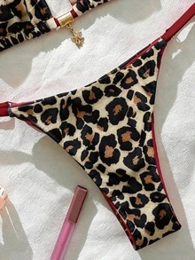 SHEIN Swim 春假女士纯色吊带性感比基尼泳装套装 动物纹泳装 豹纹泳装 比基尼套装 女士豹纹比基尼 动物纹 - 彩色 - 查看 8