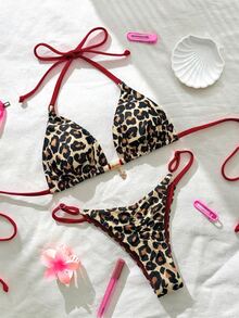 SHEIN Swim 春假女士纯色吊带性感比基尼泳装套装 动物纹泳装 豹纹泳装 比基尼套装 女士豹纹比基尼 动物纹 - 彩色 - 查看 4