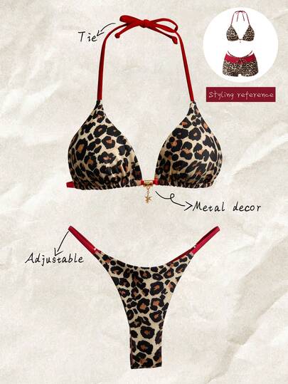 SHEIN Swim مجموعة بكيني نسائية بحزام رفيع أحادي اللون مثير، بطبعات حيوانية، بطبعة نمر، بطبعات حيوانية للنساء