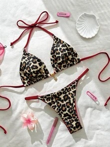 SHEIN Swim 春假女士纯色吊带性感比基尼泳装套装 动物纹泳装 豹纹泳装 比基尼套装 女士豹纹比基尼 动物纹 - 彩色 - 查看 9