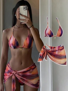 SHEIN Swim 女款春夏隨機印花掛脖式裙 3 件式比基尼套裝 - 彩色 - 查看 4
