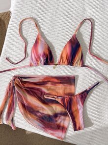 SHEIN Swim 女款春夏隨機印花掛脖式裙 3 件式比基尼套裝 - 彩色 - 查看 2