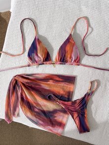 SHEIN Swim 女款春夏隨機印花掛脖式裙 3 件式比基尼套裝 - 彩色 - 查看 3