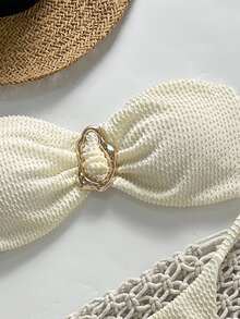 SHEIN Swim Springbreak 女士沙滩装夏季套装，纯色提花面料露肩金属装饰性感比基尼套装 - 米色 - 查看 5