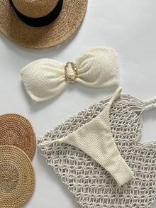 SHEIN Swim Springbreak 女士沙滩装夏季套装，纯色提花面料露肩金属装饰性感比基尼套装 - 米色 - 查看 2