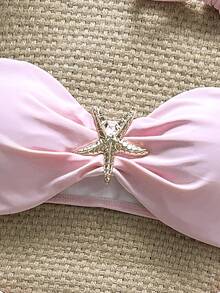 SHEIN Swim 女士纯色细肩带金属海星装饰性感比基尼套装，夏季 - 粉色 - 查看 5