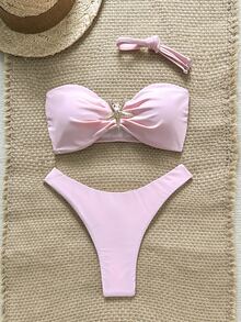 SHEIN Swim 女士纯色细肩带金属海星装饰性感比基尼套装，夏季 - 粉色 - 查看 4