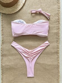 SHEIN Swim 女士纯色细肩带金属海星装饰性感比基尼套装，夏季 - 粉色 - 查看 2