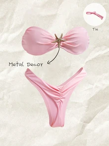 SHEIN Swim 女士纯色细肩带金属海星装饰性感比基尼套装，夏季 - 粉色 - 查看 1