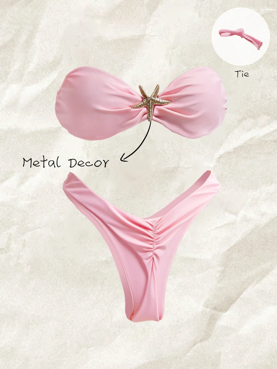 SHEIN Swim 女士纯色细肩带金属海星装饰性感比基尼套装,夏季 - 粉色 - 查看 1