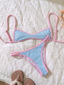 Elavelle Women's Spring/Summer Jacquard Fabric Spaghetti Strap Bikini Set - Multicolor - View 3