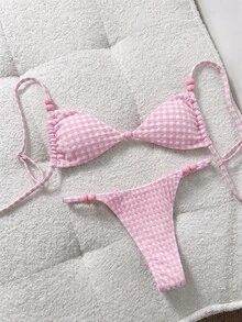 SHEIN Swim 女款夏季格子提花布料細肩帶粉色與白色珠飾比基尼套裝，海灘派對性感優雅 - 粉色 - 查看 2