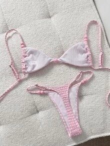 SHEIN Swim 女款夏季格子提花布料細肩帶粉色與白色珠飾比基尼套裝，海灘派對性感優雅 - 粉色 - 查看 4